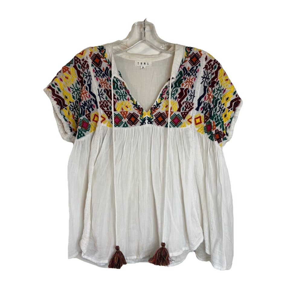 THML Women's Peasant Top XS Embroidered Boho‎ FestivalTassels 100% Cotton